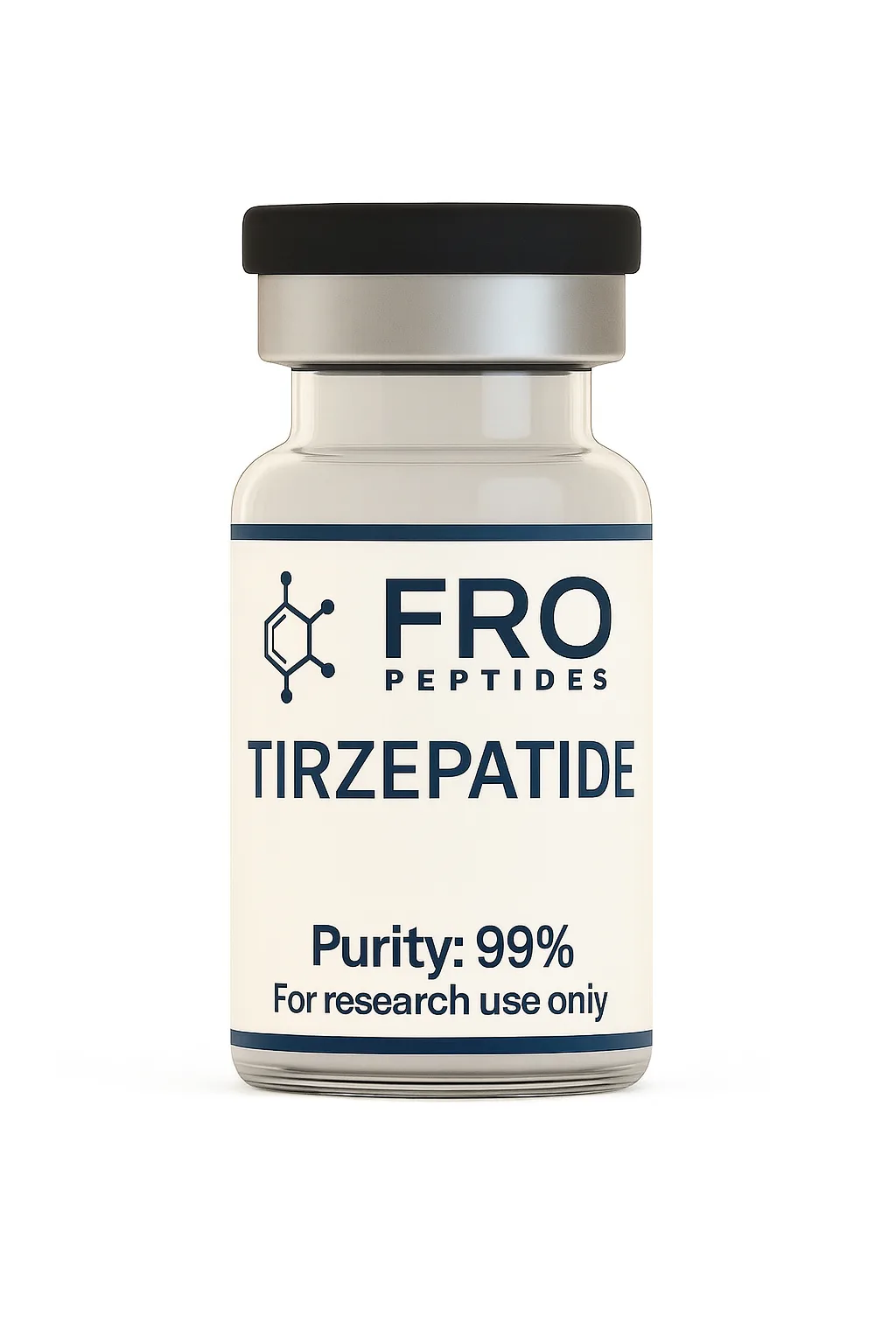 FRO Peptides Tirzepatide research peptide vial, 99% purity, labeled for research use only