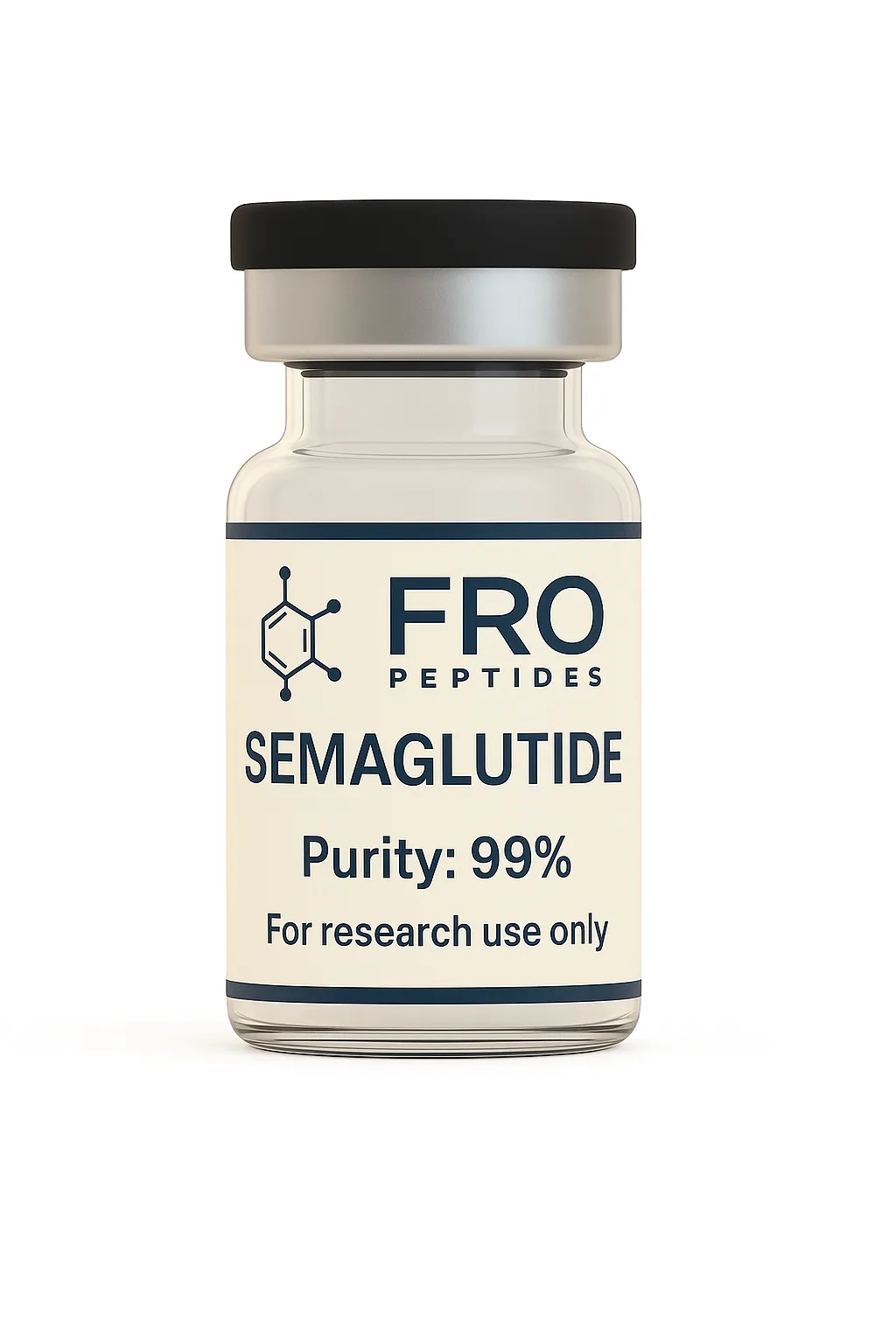 FRO Peptides Semaglutide research compound vial, 99% purity, labeled for research use only