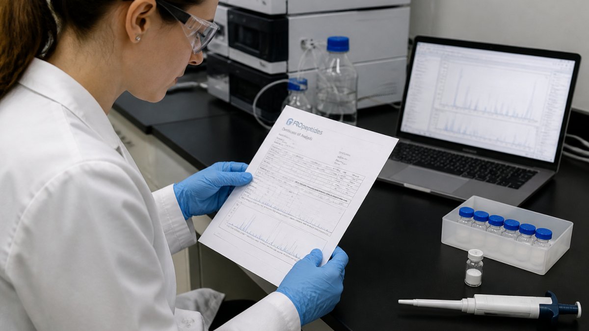 A laboratory researcher in a white coat and safety glasses examining a printed certificate of analysis next to a laptop showing analytical software, with peptide vials and a pipette visible on the bench