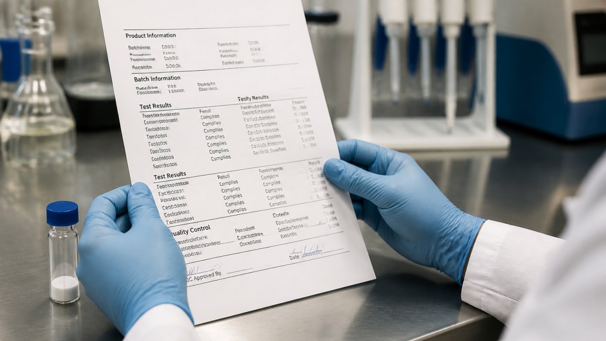 Close-up of gloved hands holding a printed certificate of analysis next to a labeled peptide vial on a clean laboratory bench, overhead fluorescent lighting, white lab coat visible at the edge of frame