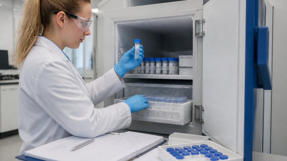 Laboratory technician carefully handling a temperature-controlled storage unit containing peptide vials with visible monitoring equipment and documentation nearby, under bright overhead lighting in a modern research facility