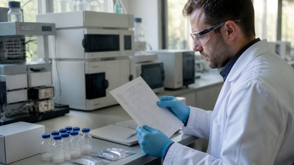 Professional analytical chemist examining a printed certificate of analysis document at a laboratory bench with HPLC equipment and research instruments visible in background, natural lighting from lab windows