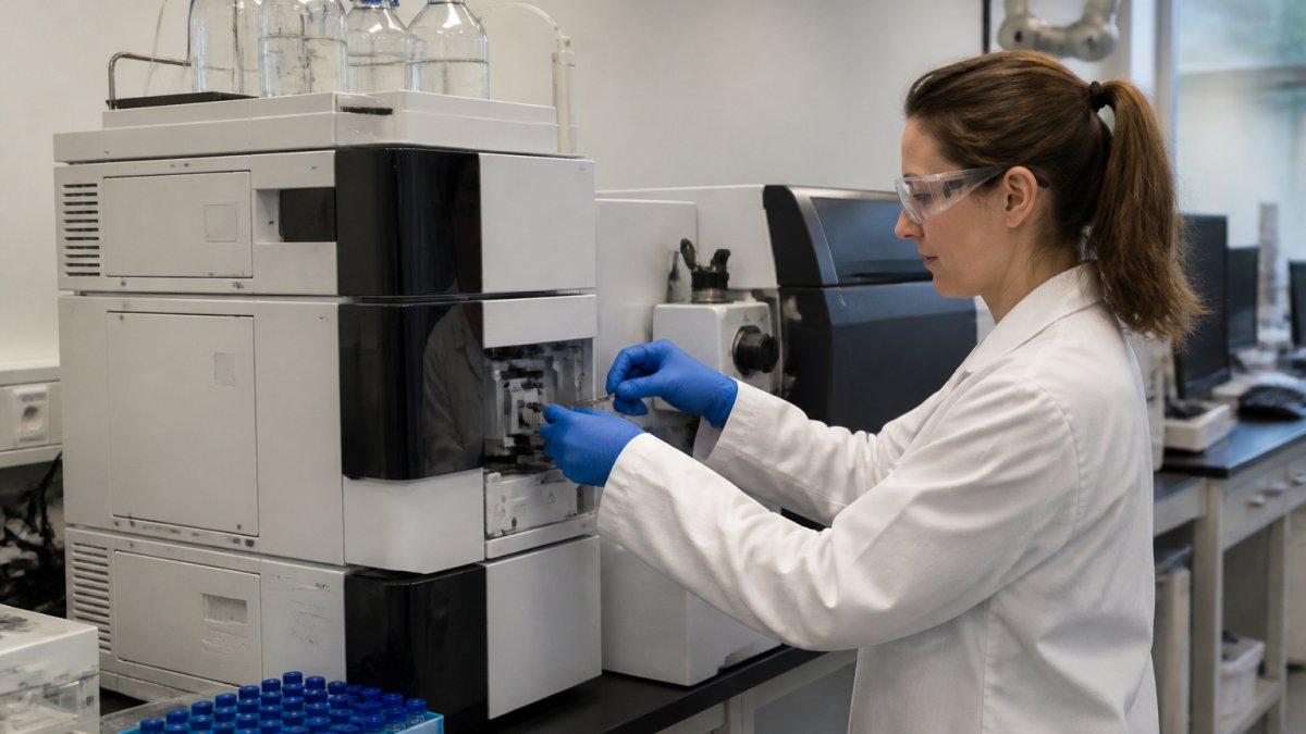 A scientist in a lab coat operating a liquid chromatography-mass spectrometry system, with sample vials and a computer screen showing chromatographic peaks in the background