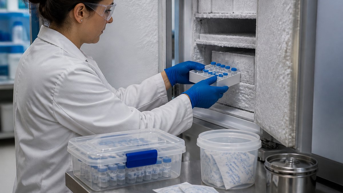 Researcher placing vials to store lyophilized coenzymes in an ultra-low temperature laboratory freezer