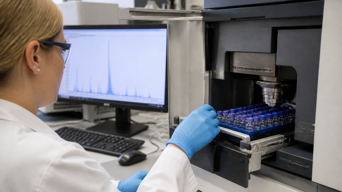 A laboratory technician in nitrile gloves loading sample vials into an LC-MS instrument, with a computer screen showing a mass spectrum in the background
