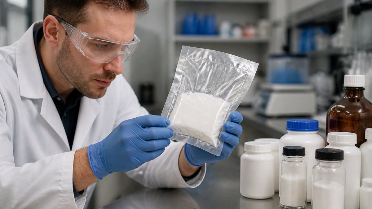 Laboratory technician inspecting a white powder in a vacuum sealing bag on a stainless steel bench