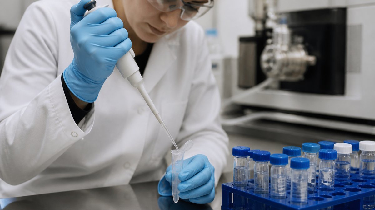 A scientist in a lab coat and gloves carefully pipetting a clear peptide solution into a small microcentrifuge tube on a benchtop, with a rack of labeled sample vials nearby