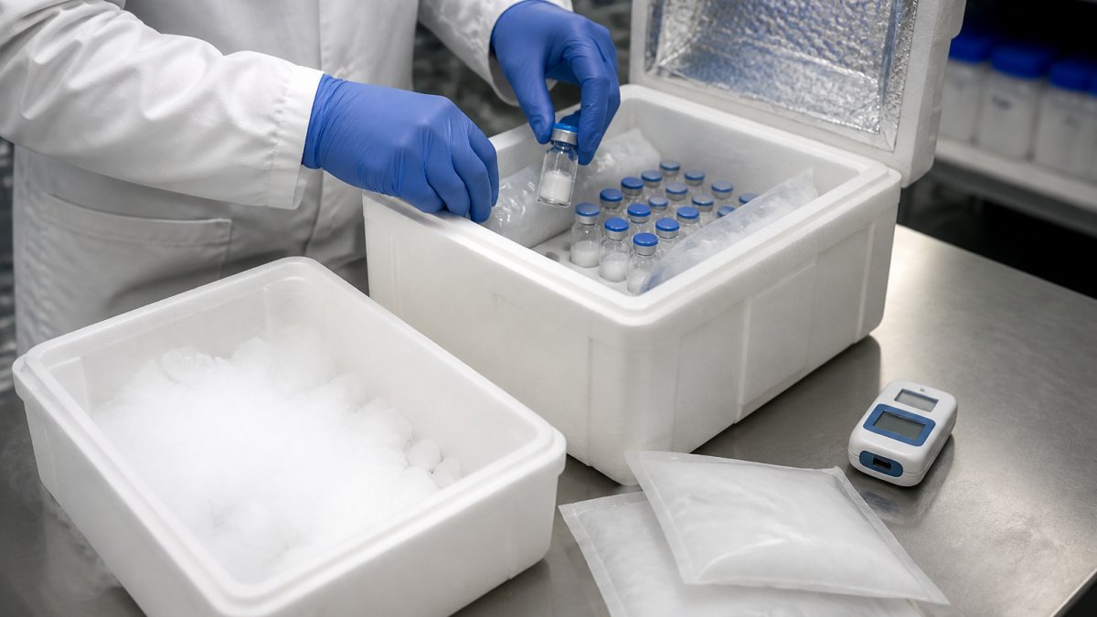 A laboratory technician in nitrile gloves packing lyophilized peptide vials into an insulated shipping box with conditioned gel packs and a small temperature data logger on a stainless steel bench under bright overhead lighting