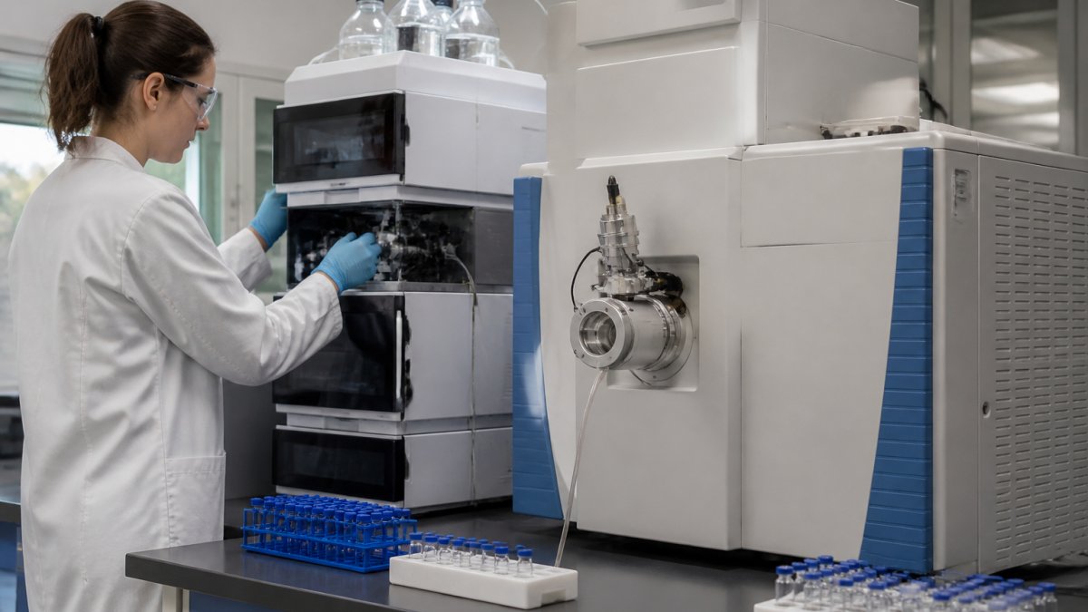 Laboratory technician analyzing samples via HPLC for peptide sciences vs core peptides research.