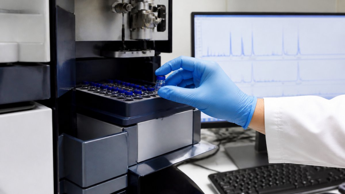Lab technician loading samples into an HPLC system used by peptide suppliers to verify purity via chromatogram data.