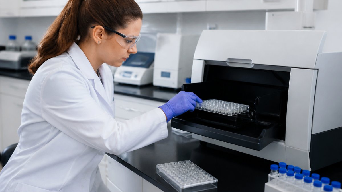 Scientist analyzing mitochondrial function for PQQ vs CoQ10 research in a modern molecular biology laboratory