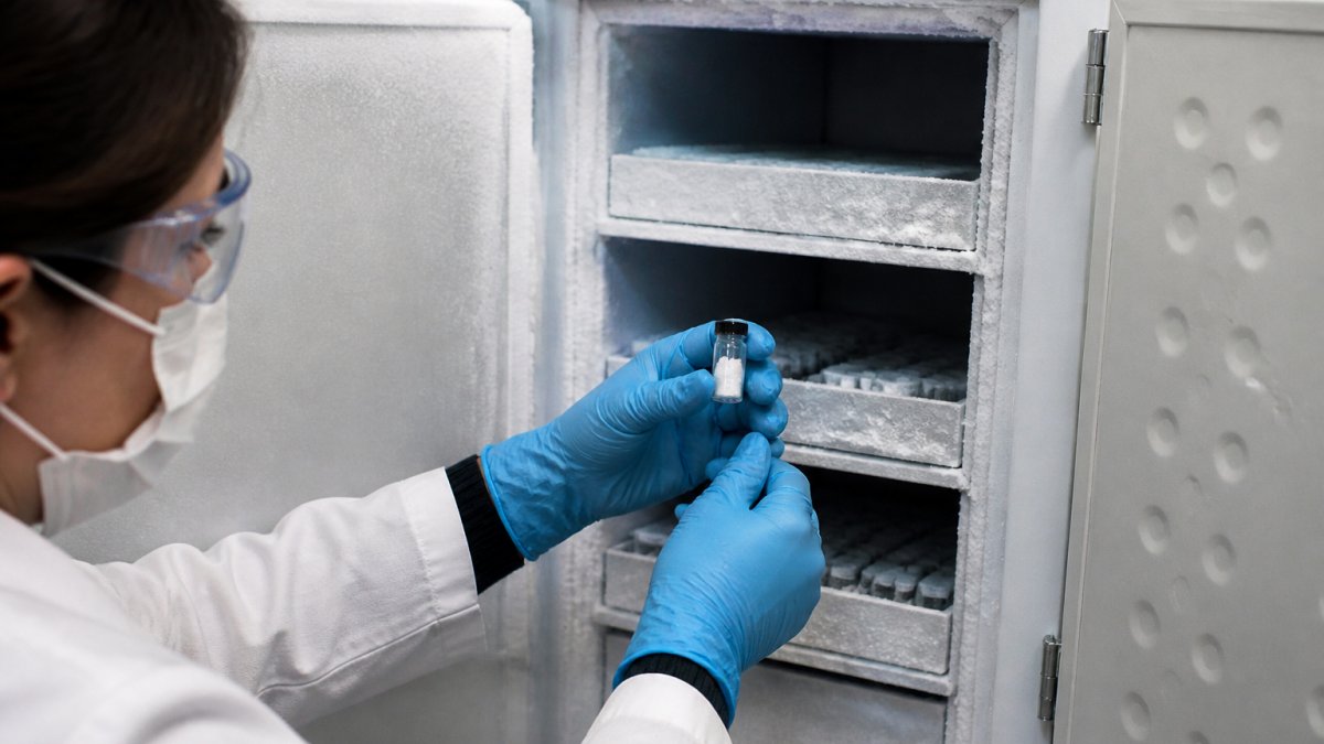 Technician storing a vial of research peptides for sale in a -20°C laboratory freezer unit
